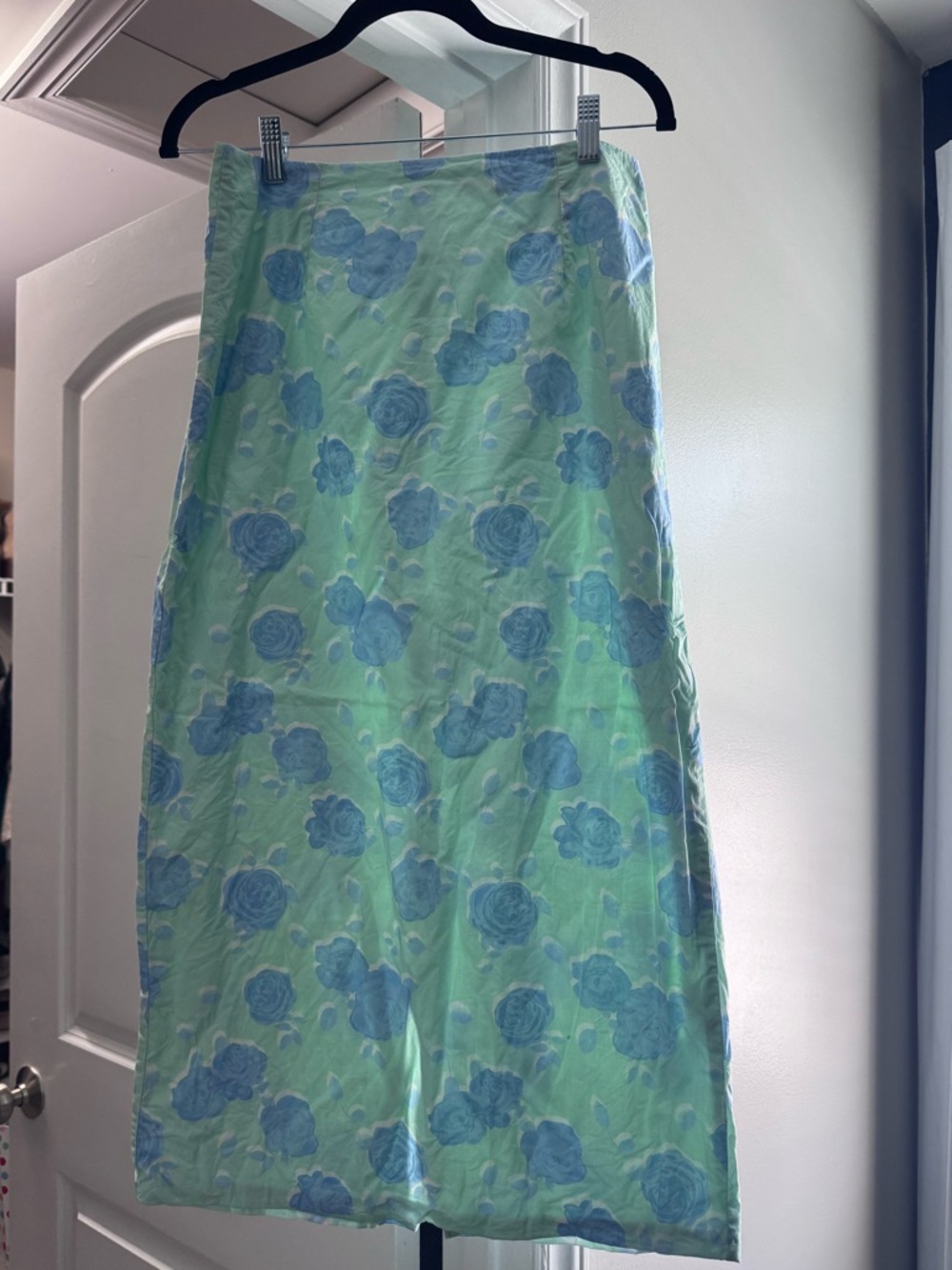 A-Line Midi Skirt in Mint Green with Blue Floral Print